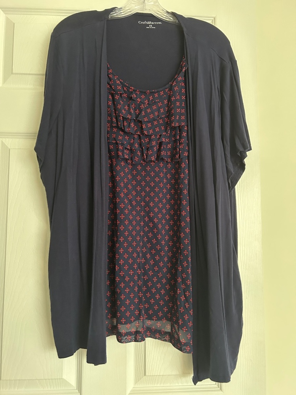 croft & barrow navy and red layered ruffle tank with open cardigan